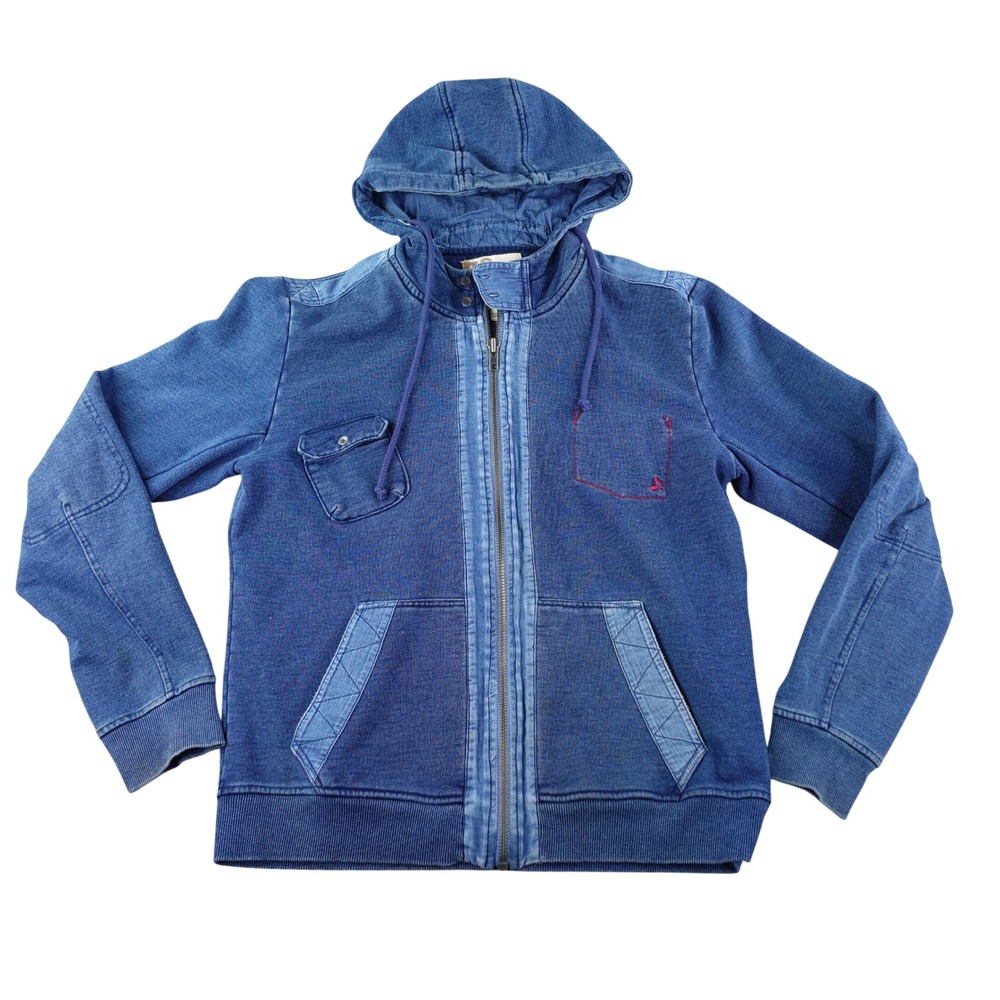 32 Bar Blues Mens Large Blue Indigo Sun Washed Full Zip Hoodie Music Note Knit
